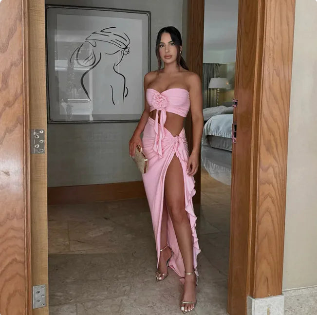 Flower Tube Top Vest High Split Strap Skirt Dress