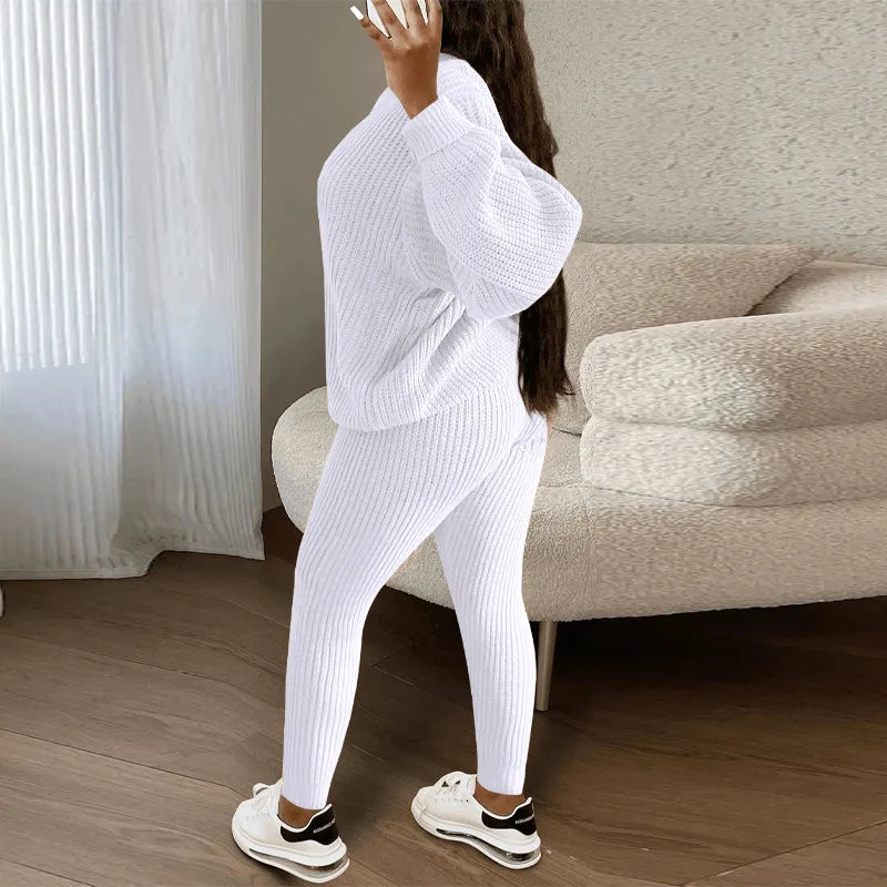 Fashion and Casual Knitted Top and Trousers Women'S Wool 2-Piece Set