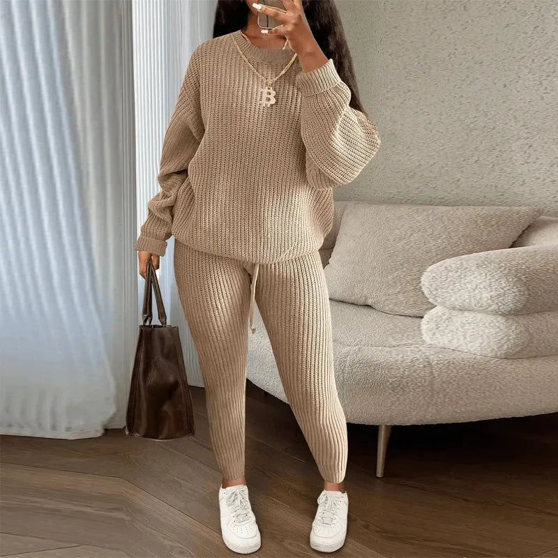 Fashion and Casual Knitted Top and Trousers Women'S Wool 2-Piece Set