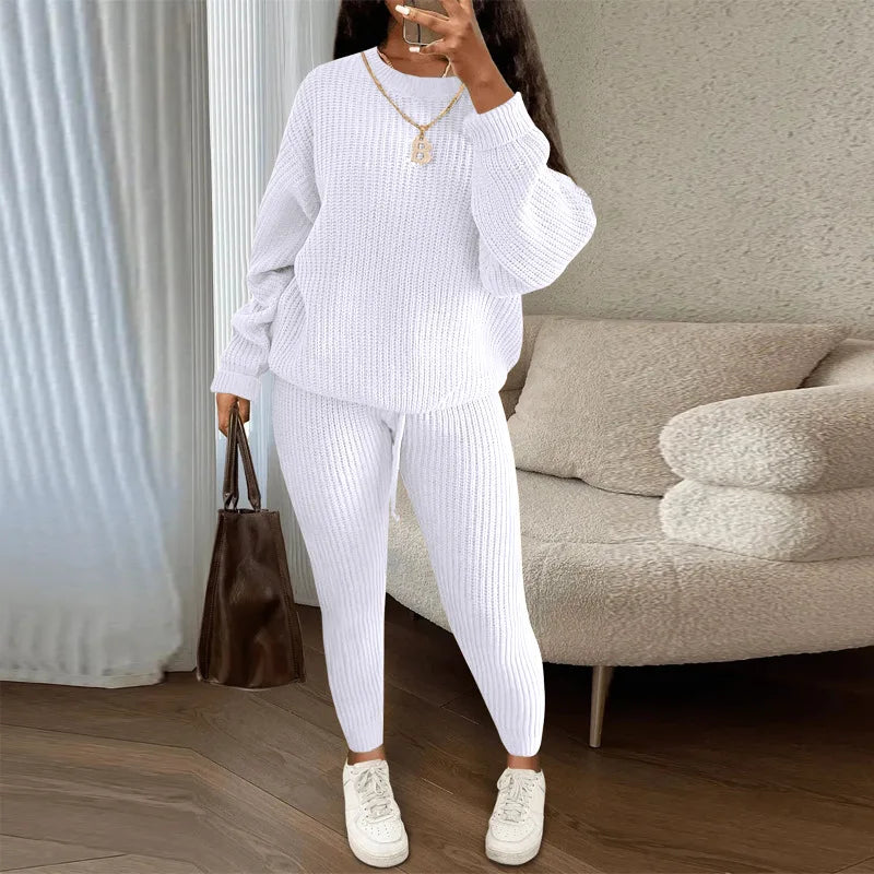 Fashion and Casual Knitted Top and Trousers Women'S Wool 2-Piece Set