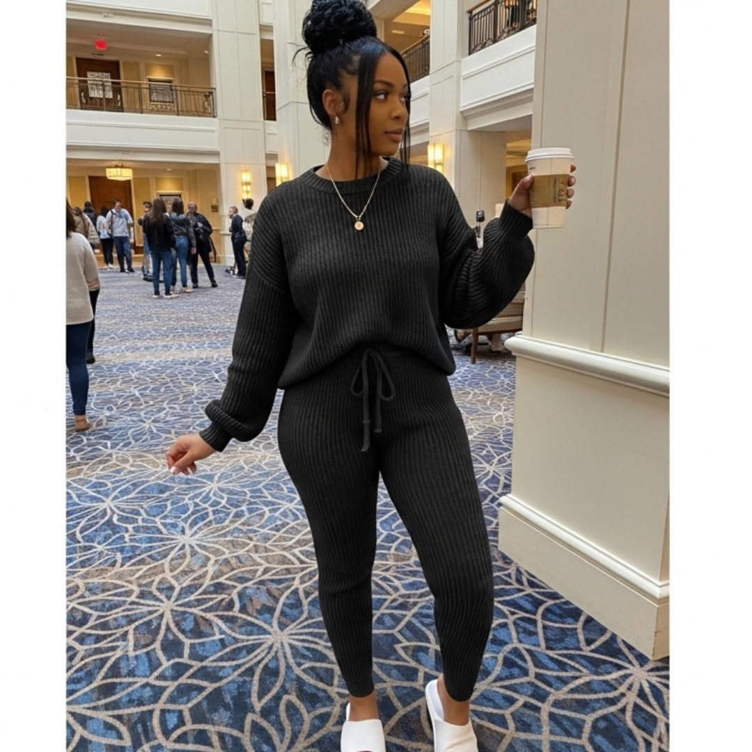 Fashion and Casual Knitted Top and Trousers Women'S Wool 2-Piece Set