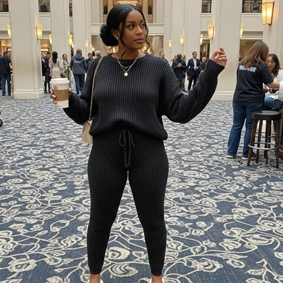 Fashion and Casual Knitted Top and Trousers Women'S Wool 2-Piece Set