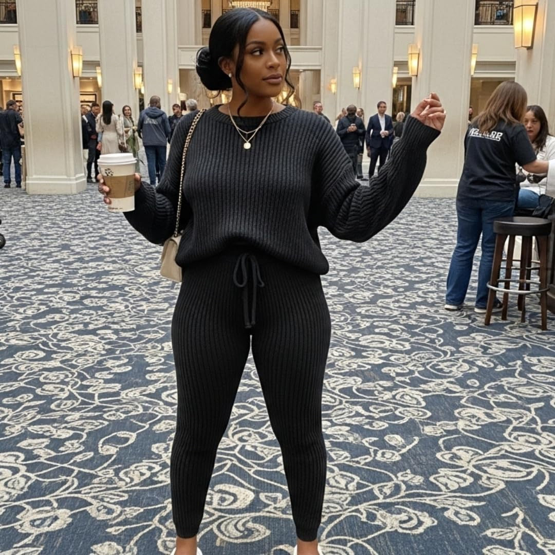 Fashion and Casual Knitted Top and Trousers Women'S Wool 2-Piece Set