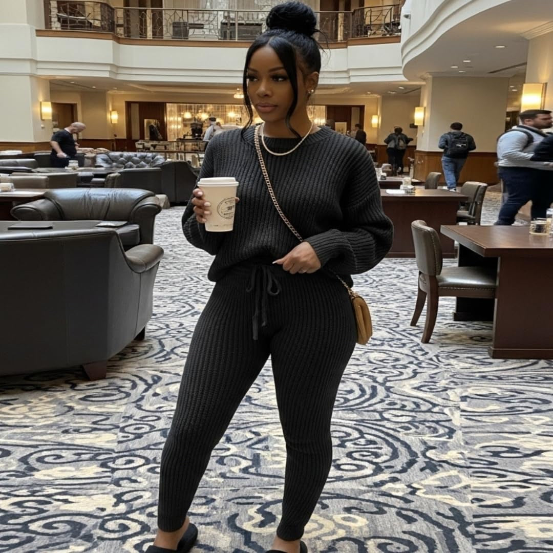 Fashion and Casual Knitted Top and Trousers Women'S Wool 2-Piece Set