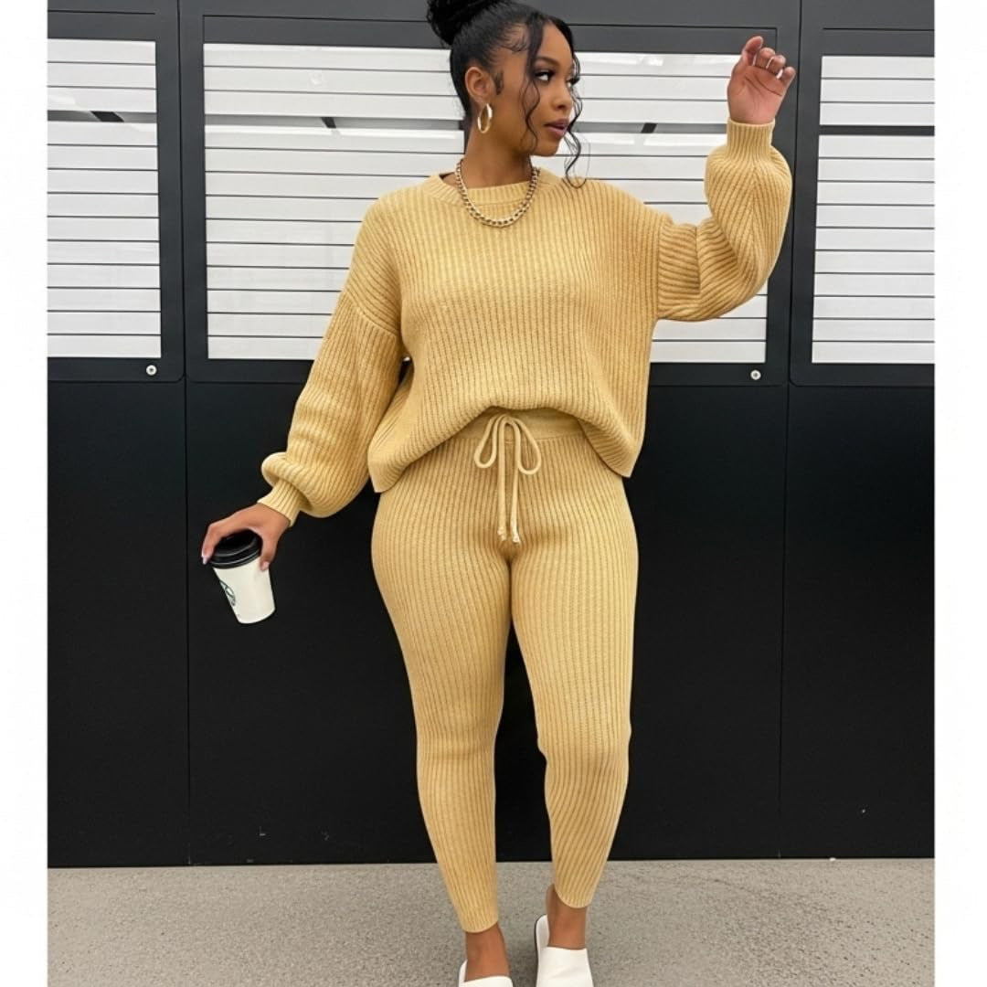 Fashion and Casual Knitted Top and Trousers Women'S Wool 2-Piece Set