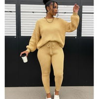 Fashion and Casual Knitted Top and Trousers Women'S Wool 2-Piece Set