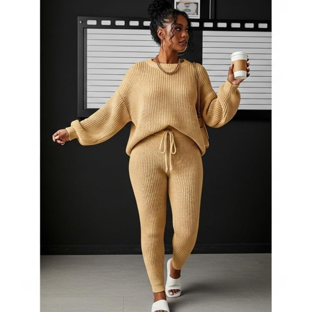 Fashion and Casual Knitted Top and Trousers Women'S Wool 2-Piece Set