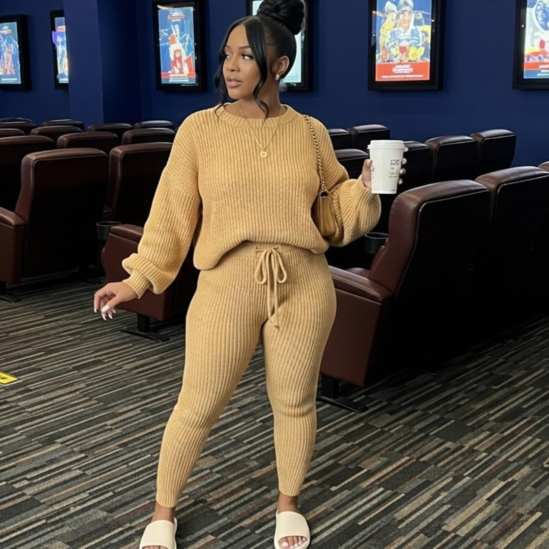 Fashion and Casual Knitted Top and Trousers Women'S Wool 2-Piece Set