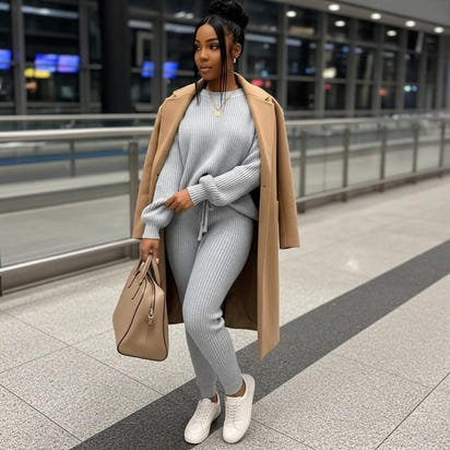 Fashion and Casual Knitted Top and Trousers Women'S Wool 2-Piece Set