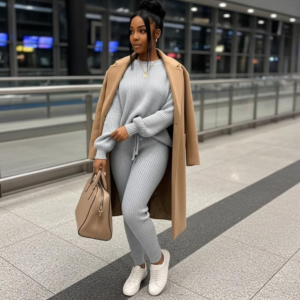 Fashion and Casual Knitted Top and Trousers Women'S Wool 2-Piece Set