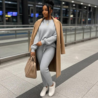 Fashion and Casual Knitted Top and Trousers Women'S Wool 2-Piece Set