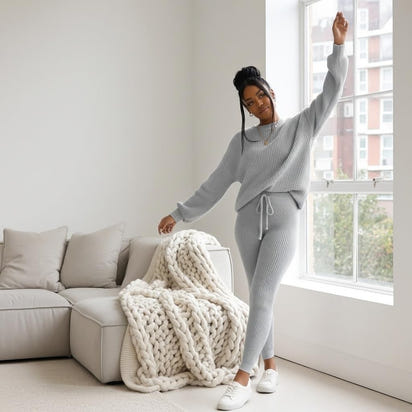 Fashion and Casual Knitted Top and Trousers Women'S Wool 2-Piece Set