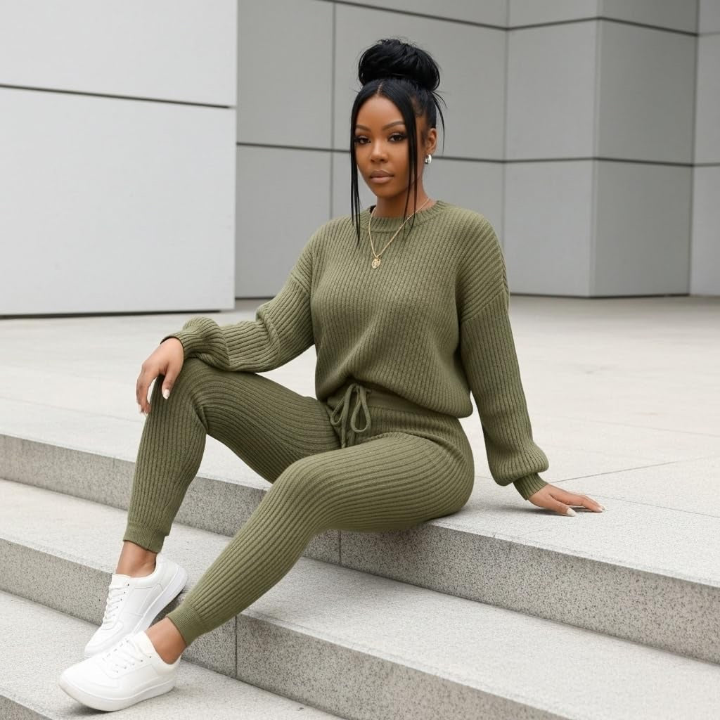 Fashion and Casual Knitted Top and Trousers Women'S Wool 2-Piece Set