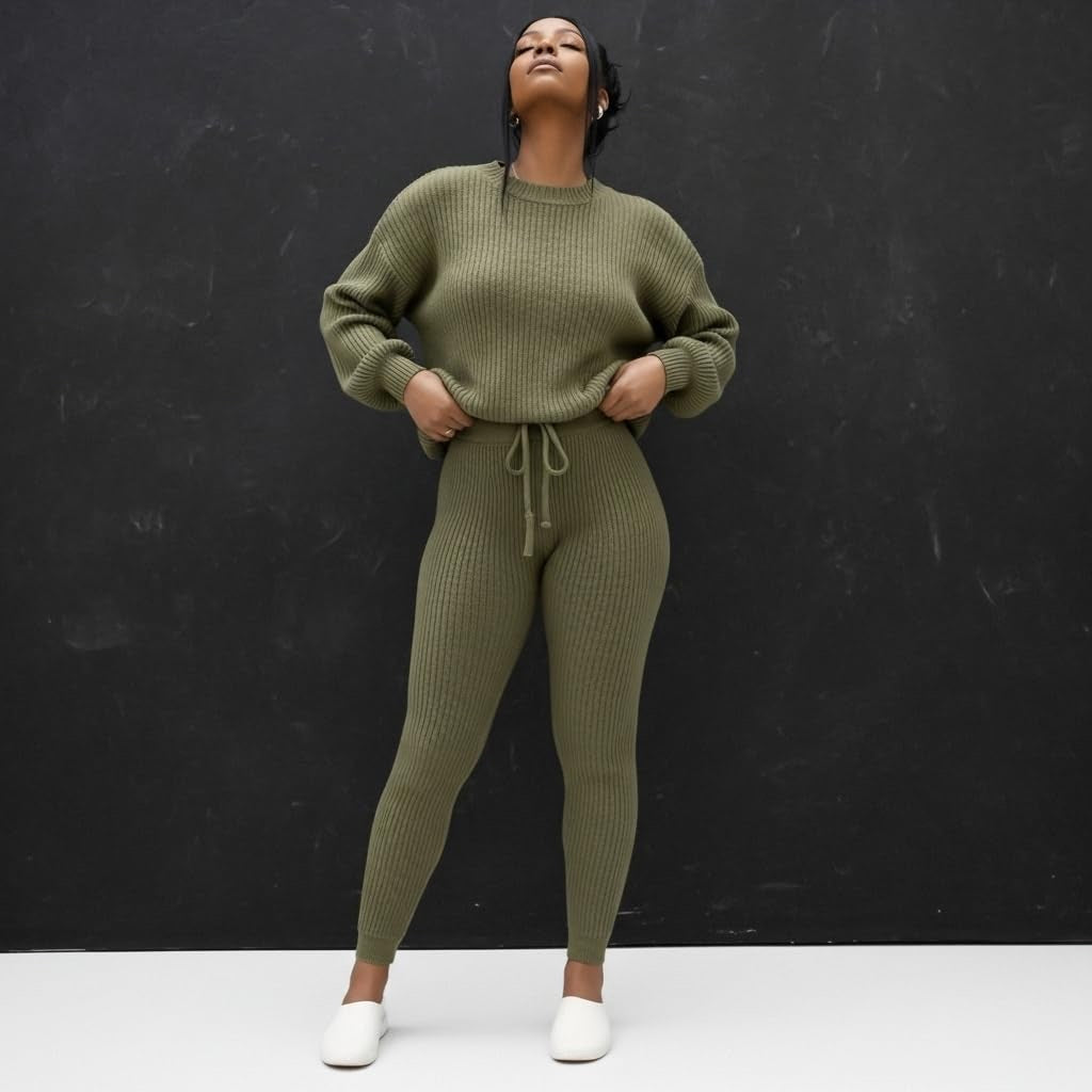 Fashion and Casual Knitted Top and Trousers Women'S Wool 2-Piece Set