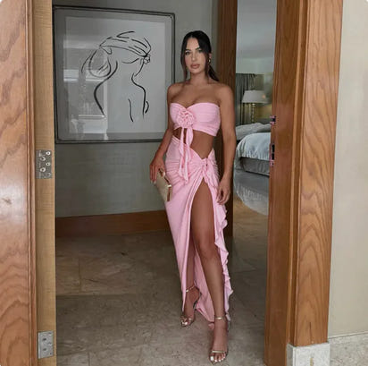 Flower Tube Top Vest High Split Strap Skirt Dress