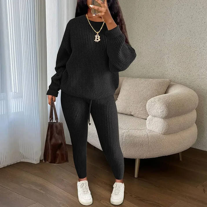Fashion and Casual Knitted Top and Trousers Women'S Wool 2-Piece Set