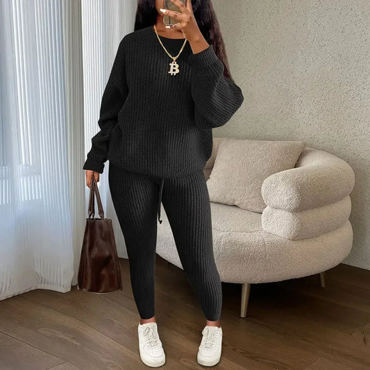 Fashion and Casual Knitted Top and Trousers Women'S Wool 2-Piece Set