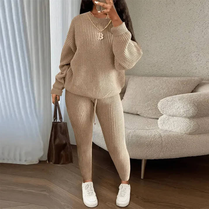 Fashion and Casual Knitted Top and Trousers Women'S Wool 2-Piece Set