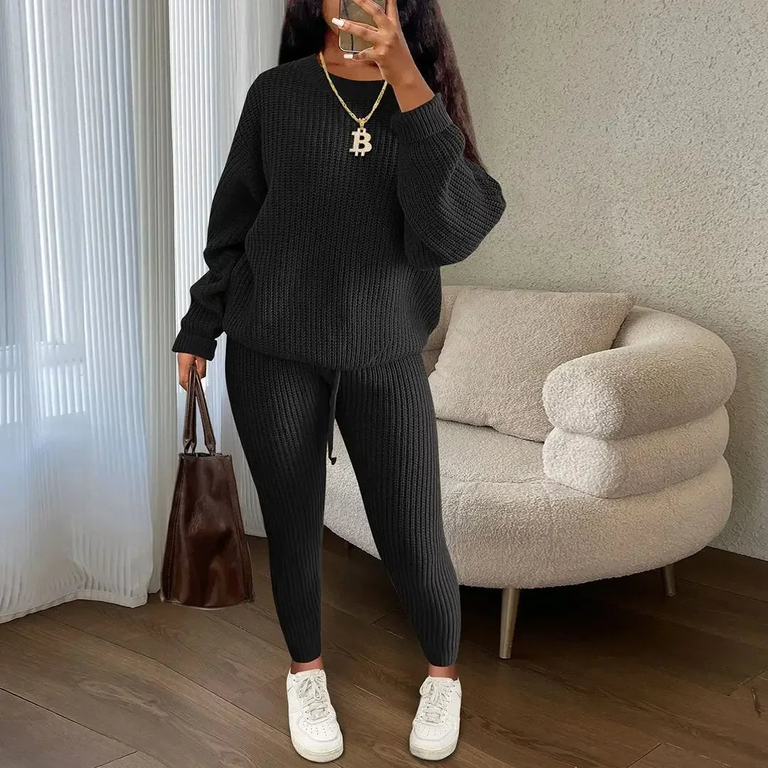 Fashion and Casual Knitted Top and Trousers Women'S Wool 2-Piece Set