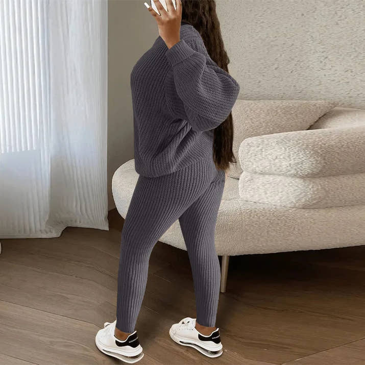 Fashion and Casual Knitted Top and Trousers Women'S Wool 2-Piece Set
