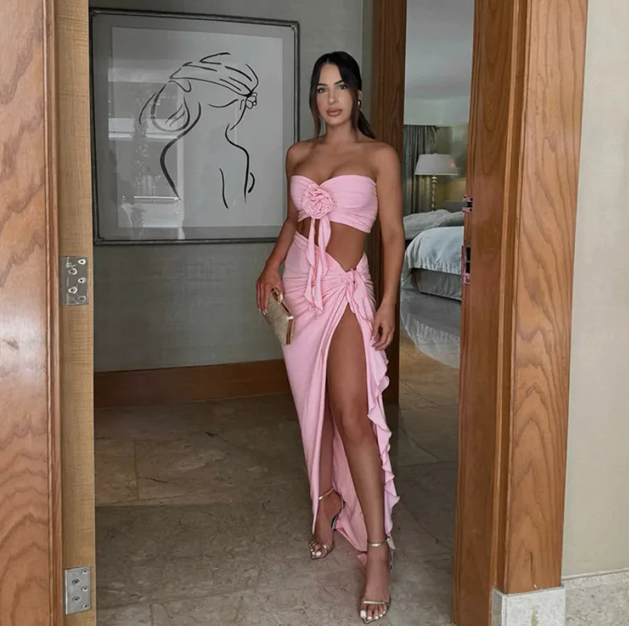 Flower Tube Top Vest High Split Strap Skirt Dress